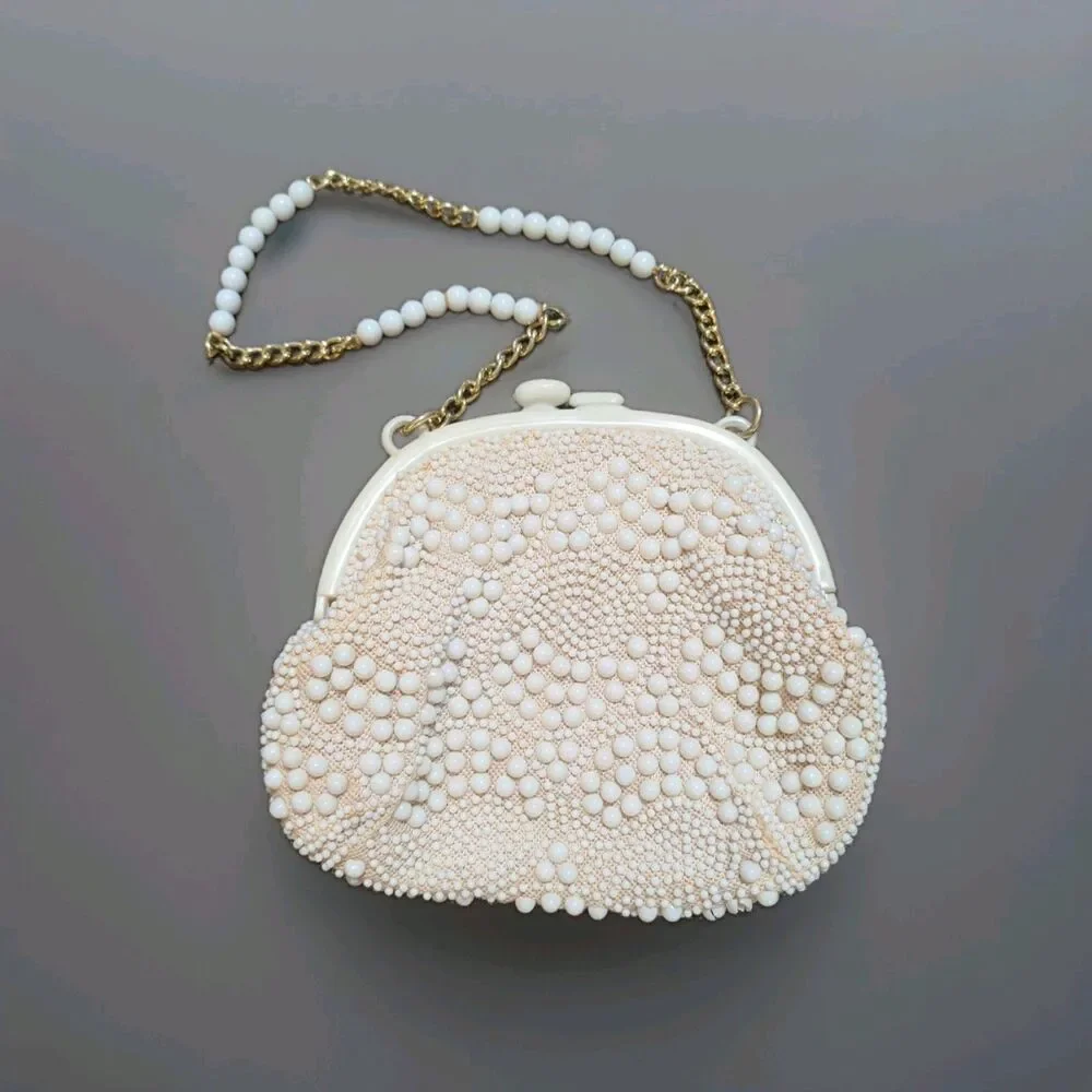 Vintage 1950s White Milk Glass Beaded Clutch Purse Lucite Frame Kiss Lock As Is